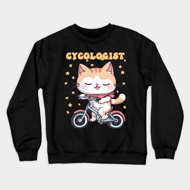 Cycologist Cat Riding Bike - Funny and Cute Biking Enthusiast Crewneck Sweatshirt by Rishirt